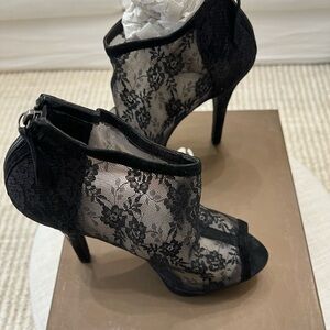 BEBE Olivia Chic Black Lace Peep-Toe Heels 10